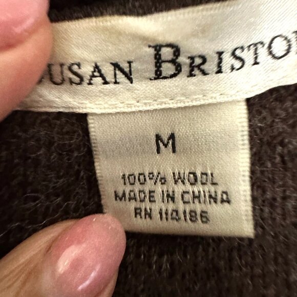 Susan Bristol Wool Cardigan Sweater Brown Open Ruffled Collar Hem Pockets - Picture 6 of 8